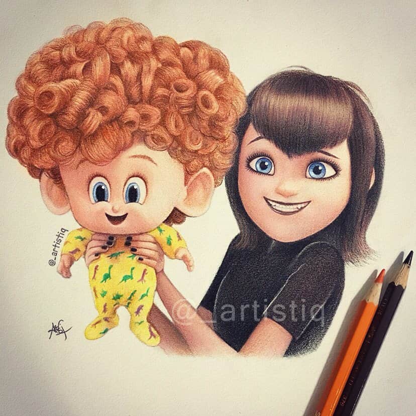 Casのインスタグラム：「Mavis and Dennis from Hotel Transylvania 2! Drawn with colored pencils. 😊 What was the last movie you saw?」