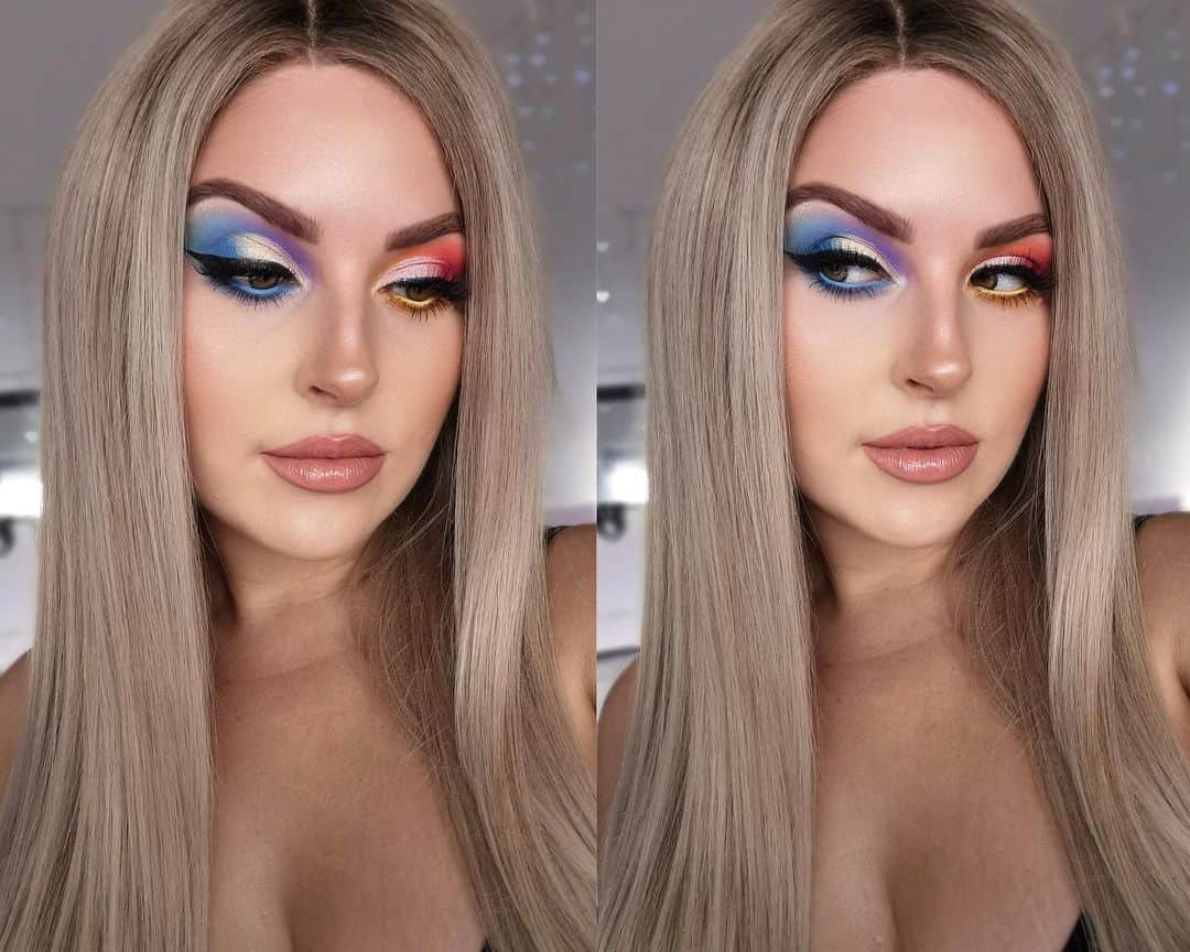 Shannonのインスタグラム：「Colorful Shan 🥺💕 pls request a color, colour combo etc look for me to do next down below n I’ll give you a shout out in the video when I film it 🤠💜 it’s gonna be fun 🙏🏼 PS this look is from my NEW video 🎥 come chat 🥰」