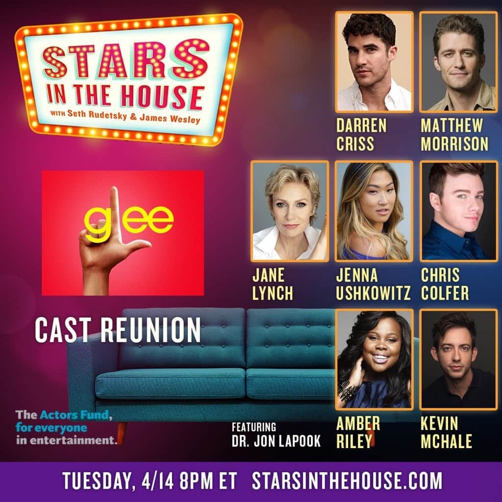 クリス・コルファーのインスタグラム：「4/14/20 @chriscolfer via twitter  We’re going live at 5pm PST/8pm EST! See you there! @starsinthehouse @theactorsfund . . . . . . . . . . . . . . . . . . .  #QOTD: Are you going to watch? - - - #chriscolfer #janelynch #amberriley #kevinmchale #jennaushkowitz #matthewmorrison #darrencriss #gleecast #starsinthehouse」