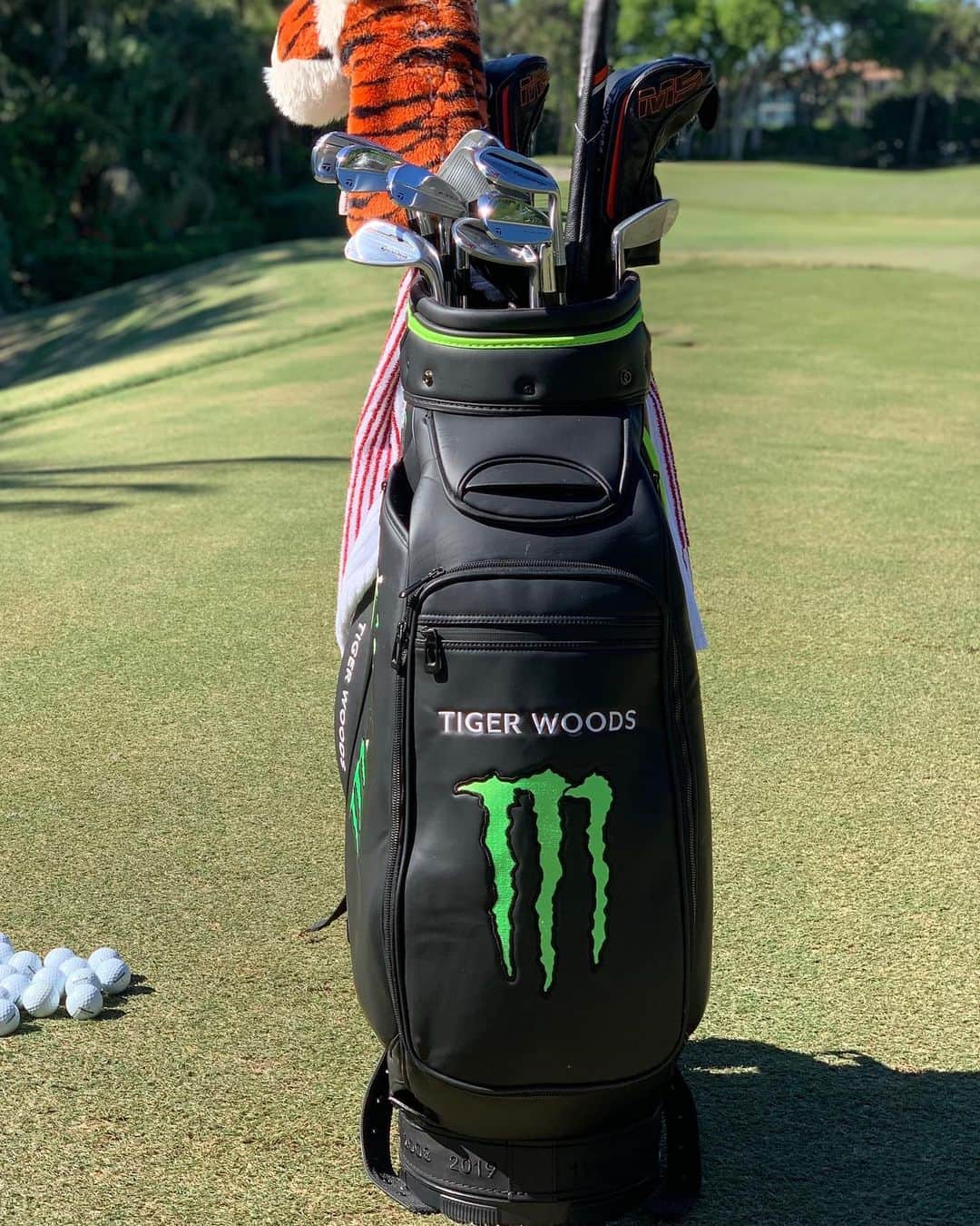 タイガー・ウッズのインスタグラム：「Decided to take out the bag today in honor of Masters week. Thanks @monsterenergy for this special one. #CrushQuarantine #MonsterEnergy」