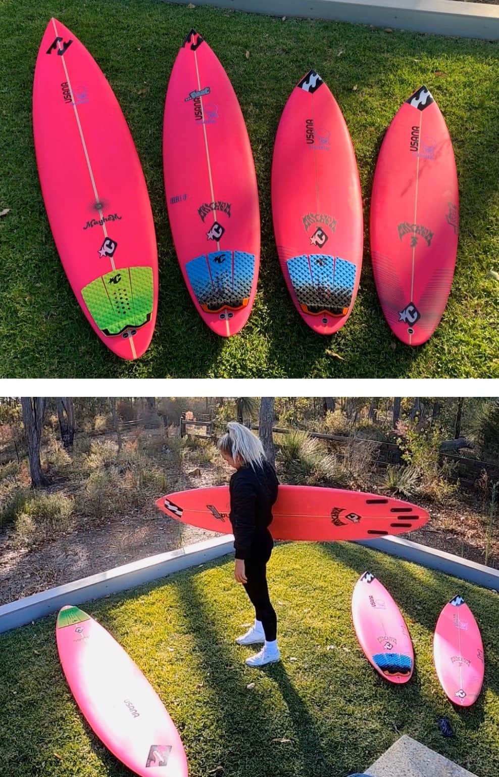 フェリシティー・パルマティアーのインスタグラム：「Pretty excited to be getting these boards ready for the next swell... 8,6 gun 7,4 gun 5,9 step off 5,6 tow 🌊🌊🌊@mayhemsurfboards_mattbiolos @lostaustralia @lostsurfboards @billabongwomens @billabong_womens_australia @usanainc @usanaau @nudiejuice @creaturesofleisure」