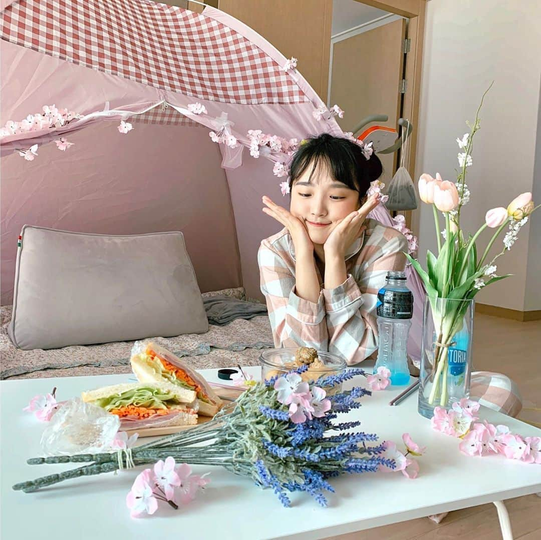 などちゃん（이선형／イソンヒョン）さんのインスタグラム写真 - (などちゃん（이선형／イソンヒョン）Instagram)「집에서 꽃놀이하기🌸💖 With. 나도표 샌드위치와 도표 유부초밥🥪🍙」4月11日 14時21分 - nado_odo