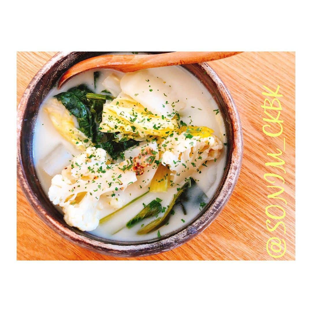 ソニン クッキングのインスタグラム：「. お料理ランシリーズ😋 . #SonimCooking 冷蔵庫の残り野菜解決！スープ！ 🥬Cauliflower radish milk soup🥬 . Cauliflower Daikon radish Hakusai (Chinese cabbage) Komatsuna(Japanese mustard spinach) Vegetable broth Salt Soy milk Dijon mustard Parsley . ただ野菜をコトコト煮込んだだけ！それだけで旨味がぎゅっと詰まった絶品が出来上がりました😍やっぱり旨味って凄いですね！ナンバーワン！ずっと飲んでられる味でした！ ちなみにクリームスープってより半分水で半分豆乳って感じのサラッとタイプです♡ . #StayHome #HomeCooking #VeganSoup #VegetableUmami #UmamiIsTheBest #HandsDown #VegetableSoup #おうち時間　#おうち料理　#野菜スープ　#野菜だし　#野菜の旨み　#ヴィーガンスープ　#カリフラワー好き」