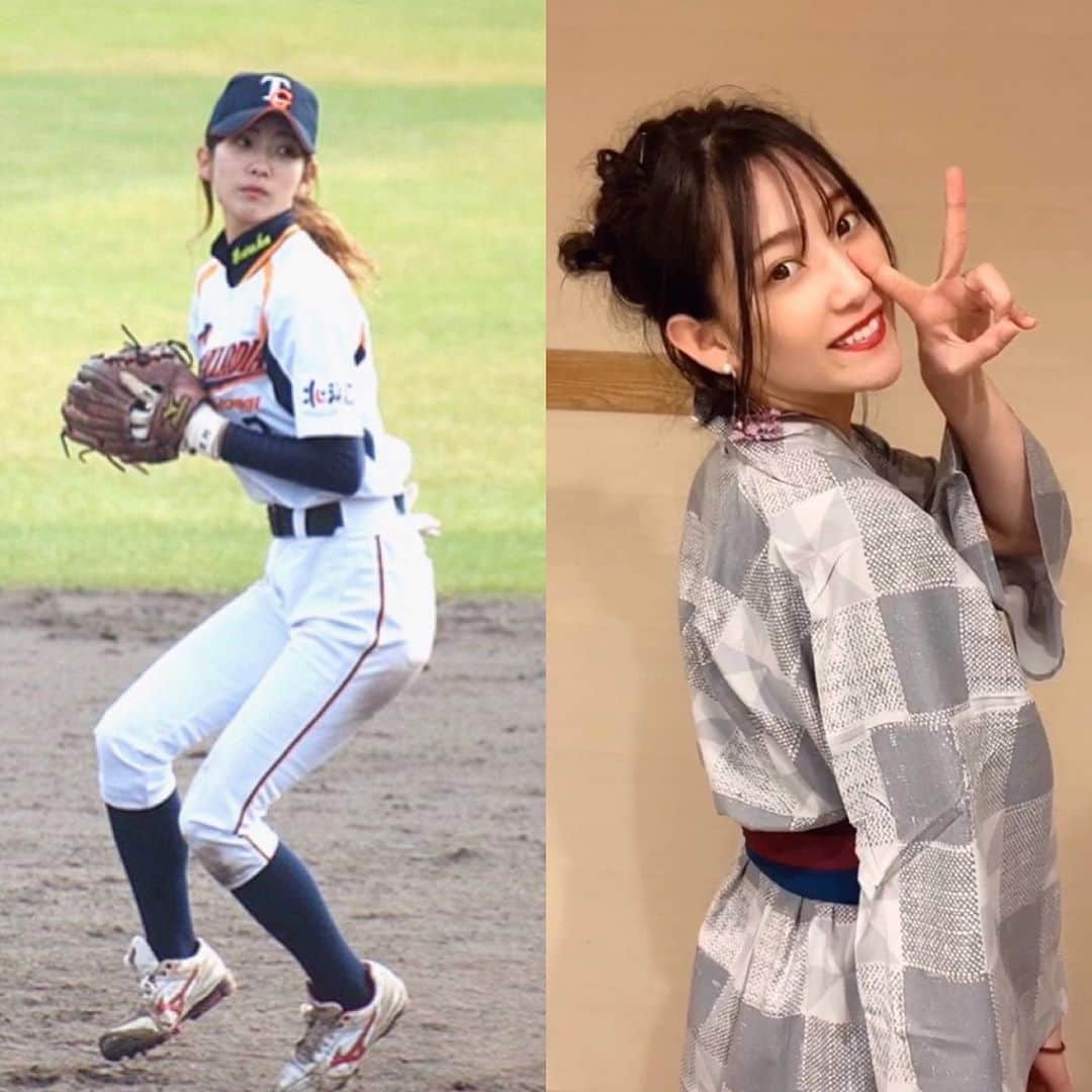 椿梨央のインスタグラム：「#これがこう . 前回がすごい反響でした！ 皆様ありがとうございます😊 今日はどっちが好きですかー？✨ . . これもショート守ってる時です♪ 珍しく口があいてない笑 . . 旅行行った時の浴衣姿💕 【私と旅行行ったら楽しいよ？】 . . . . #野球 #野球女子 #女子野球 #草野球 #天晴 #浴衣 #浴衣姿 #旅行 #デート #私と旅行行ったら楽しいよ　#椿梨央」