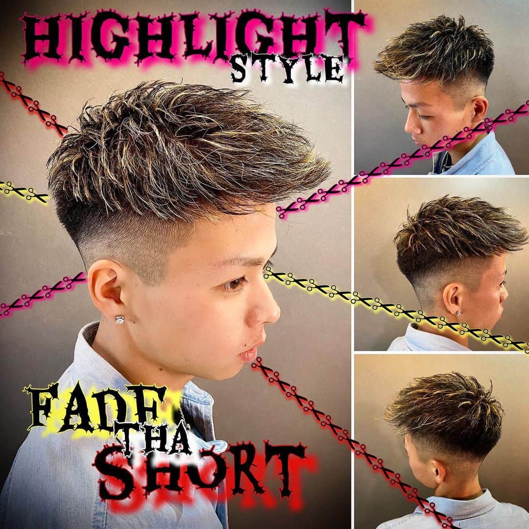 のインスタグラム：「. . .ハイライト⚡️ .フェード＆ショートStyle😎😎 . .シルエットはもちろん前下がり👊 . .  #メンズラピス#menslapis#メンズラピス渋谷#menslapisshibuya#ラピス新時代#ツイストパーマ#カッコイイ#イケメン#ツイストスパイラル#ヘアスタグラマー#圧倒的技術力#変身動画#フェードスタイル#刈り上げ#スプラツイスト＃ハイトーン#人生は髪型で変わる#ヘアメイクは男の化粧です#アップバング#ハイライト#ハイトーン#ワイルドアップバング#ビジカジ#ビジネス#ツーブロック#barber#menshair#fade」