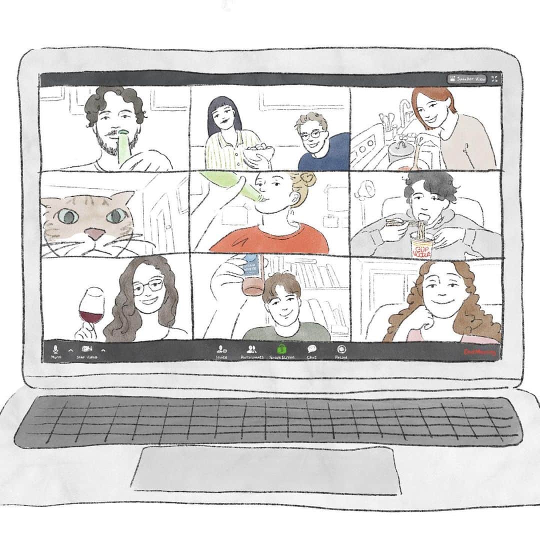 Apricots Artのインスタグラム：「#SundayFunday Let’s get together (remotely)! 💻  すぐ繋がれる時代でよかった 各々の生活が見られるのもまた良し  #stayhome#おうち時間 Illusted by Mina」