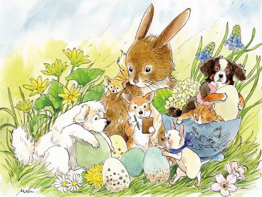 イラストレーター山崎牧子のインスタグラム：「Easter🐣  by Fairies Calendar #watercolor#watercolorpainting#easter#rabbit#dog#flower#artwork#illustration#illustrator#水彩画#イースター#うさぎ#犬#花#春#イラスト#イラストレーター」