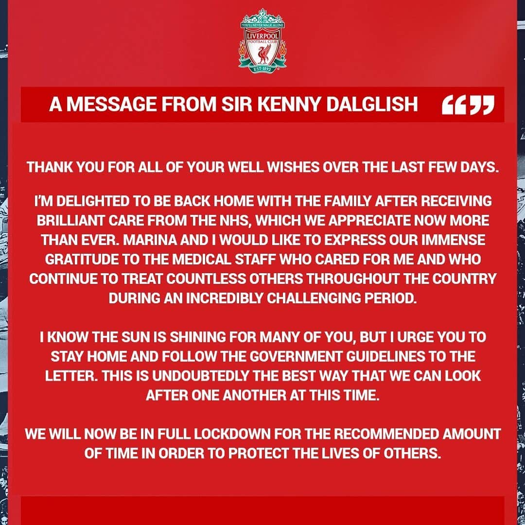 リヴァプールFCさんのインスタグラム写真 - (リヴァプールFCInstagram)「Sir Kenny Dalglish has issued the following update to supporters ❤️ #StayHome #LFC #LiverpoolFC #Liverpool」4月12日 20時30分 - liverpoolfc