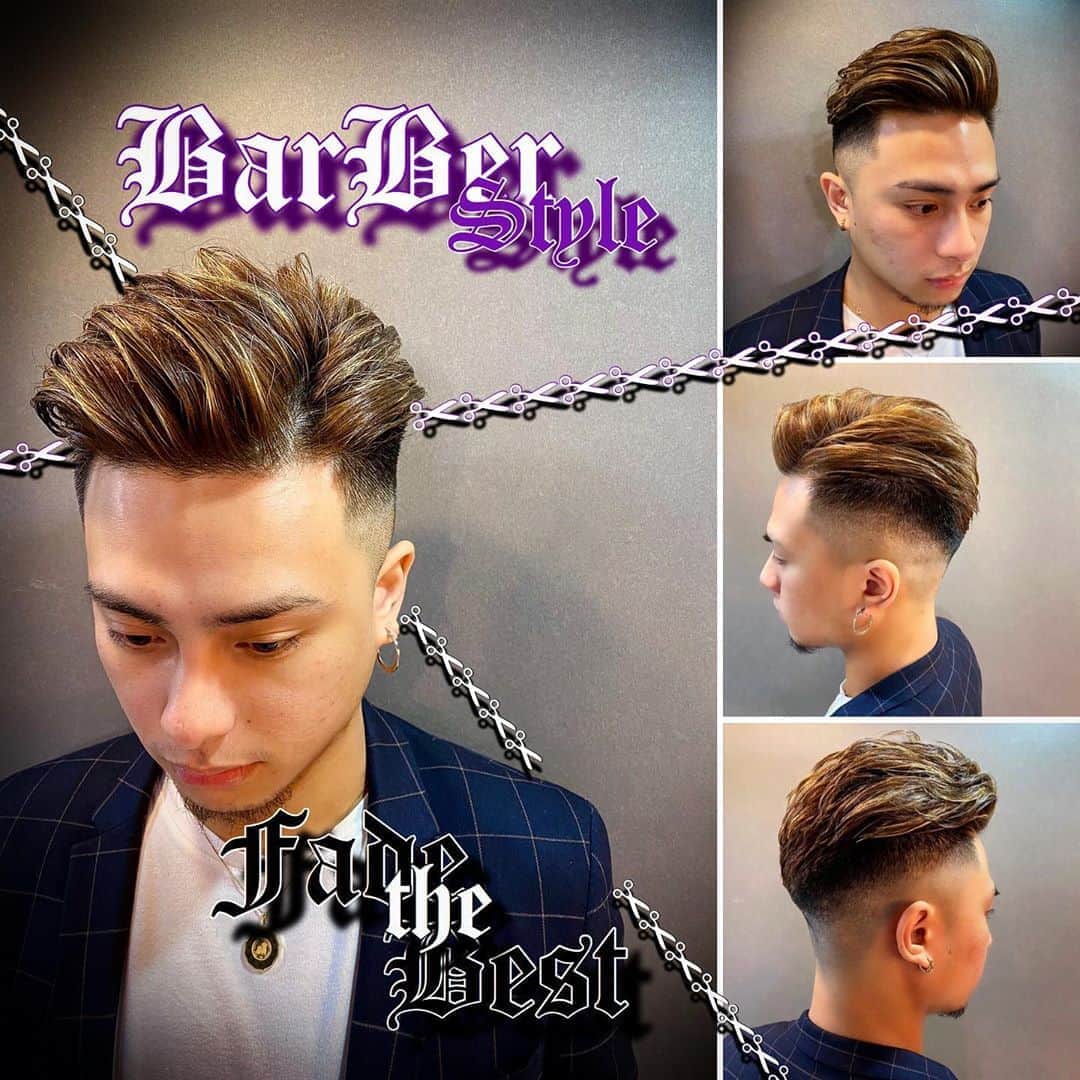 のインスタグラム：「. . .バーバースタイルには🧔 .ハイライト＋フェードは鉄板💈 . .髪の毛が硬い方でも、パーマとハイライトで質感を柔らかくすることができます🤟 . .外国人風スタイルにはもってこい✂️ . . - [ ] . #メンズラピス#menslapis#メンズラピス渋谷#menslapisshibuya#ラピス新時代#ツイストパーマ#カッコイイ#イケメン#ツイストスパイラル#ヘアスタグラマー#圧倒的技術力#変身動画#フェードスタイル#刈り上げ#スプラツイスト＃ハイトーン#人生は髪型で変わる#ヘアメイクは男の化粧です#アップバング#ハイライト#ハイトーン#ワイルドアップバング#ビジカジ#ビジネス#ツーブロック#barber#menshair#fade」