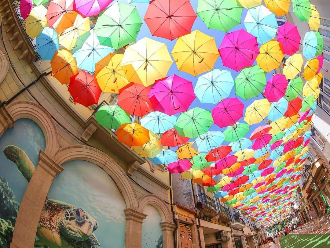 田島知華のインスタグラム：「【Portugal🇵🇹Agueda】 Umbrella festival is a lovely idea for enjoying rain! "Agueda's Umbrella sky project" that starts every July. I'm worried about this year's event. I hope the world will be peaceful by that time.  毎年7月に始まるアゲダの アンブレラ・スカイ・プロジェクト。 今夏はどうなるのだろう… その頃には落ち着いていることを願っています。🙏✨ ああ、早く旅行したいな…！旅の妄想は膨らむばかり。 Copyright ©︎ TAJIHARU  Canon 6D MarkⅡ EF 8-15mm F4 L Fisheye USM _ #たじはるトリップ #TAJIHARU_portugal #ポルトガル #アゲダ #アンブレラスカイプロジェクト #カラフル #傘 #旅ガール #女子旅 #カメラ女子 #portugal #agueda #agita #agitagueda #umbrella #umbrellaskyproject #igerseurope #igersportugal #agitagueda2017 #beautifuldestinations #theprettycities #topportugalphoto #topeuropephoto #discoverglobe #discoverearth #discover_earthpix #wonderful_places #wonderlustportugal #visitportugal」