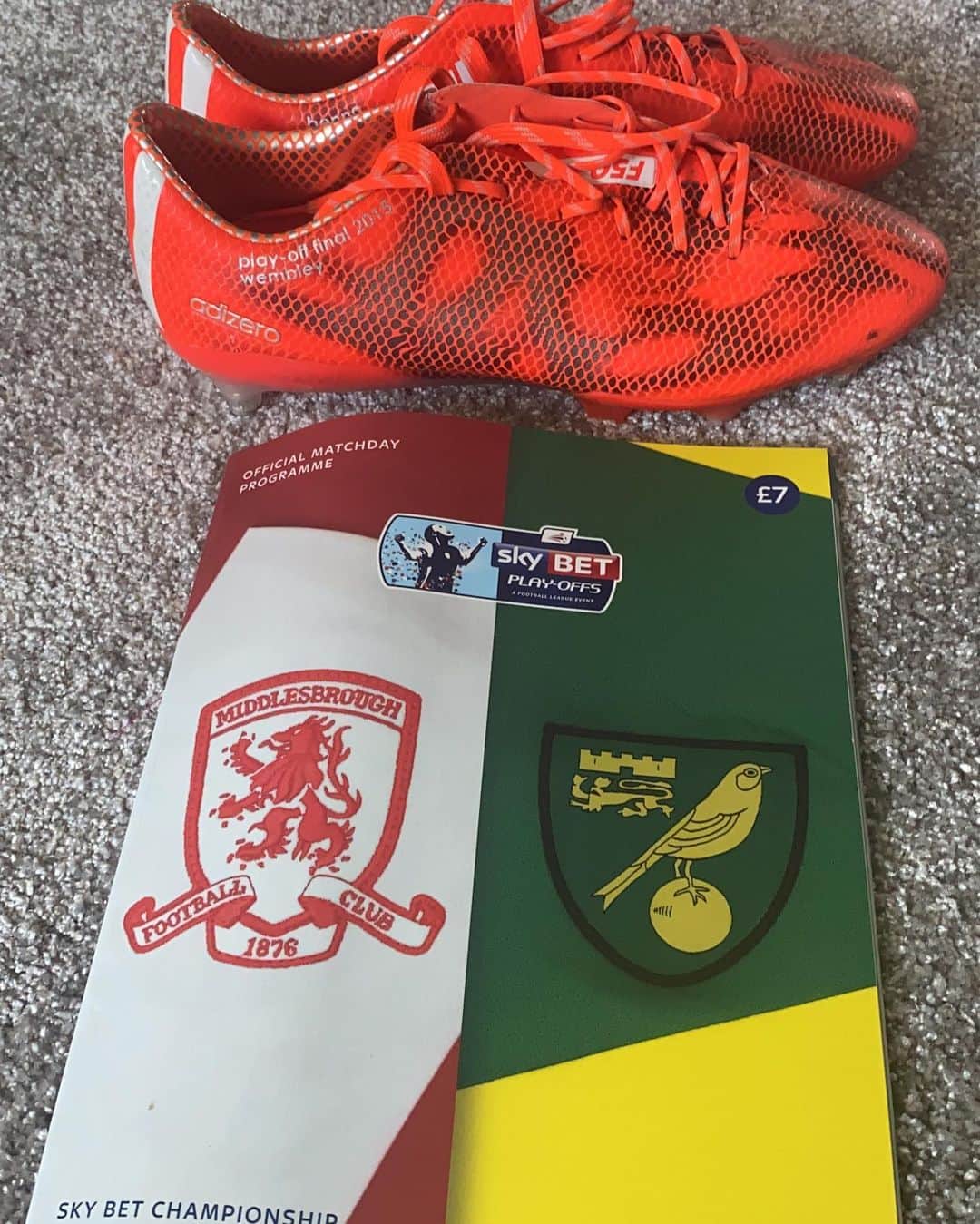 のインスタグラム：「I am auctioning my programme and play off final boots from 2015 with @norwichcityfc to try and raise funds for @bradleyjohnson_4 and @dexblackstock23 fund raising efforts to help get PPE to the people that need it most during this difficult time. Please comment with your bids and the highest bid by 9pm tonight will win. 🌈🙌🏽🙏🏽」