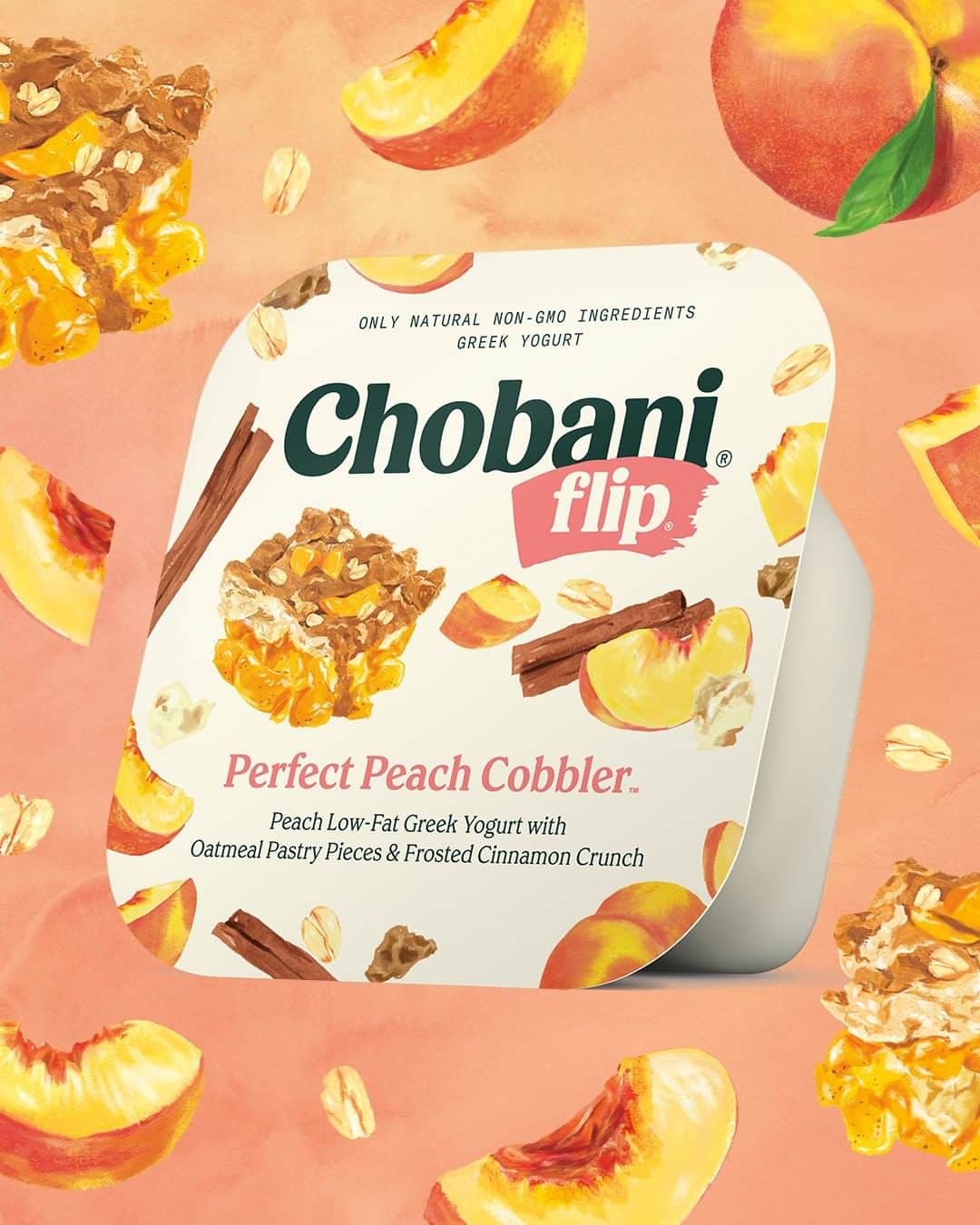 Chobaniのインスタグラム：「Celebrate #NationalPeachCobblerDay with juicy, real-peach flavored Chobani Greek Yogurt, beneath a cobbler-like layer of oatmeal pastry pieces, and frosted cinnamon crunch.」