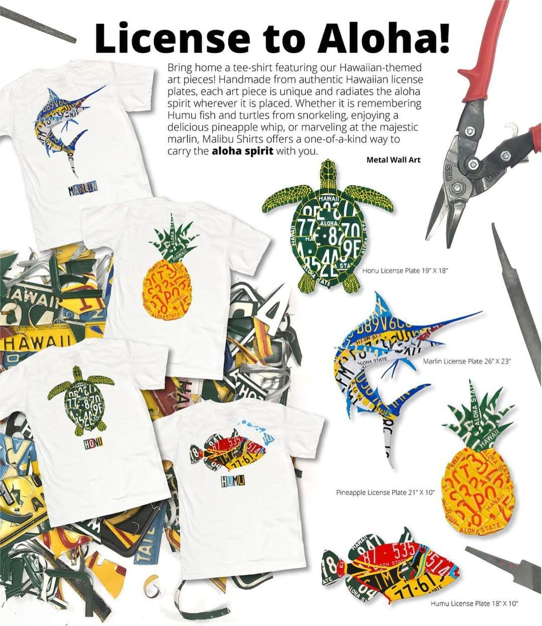 マリブシャツのインスタグラム：「New products online!! Enjoy our latest designs, featuring the license plates from various time periods in #hawaiihistory Metal signs and t-shirts are now available! 🐟 🍍 🐢」