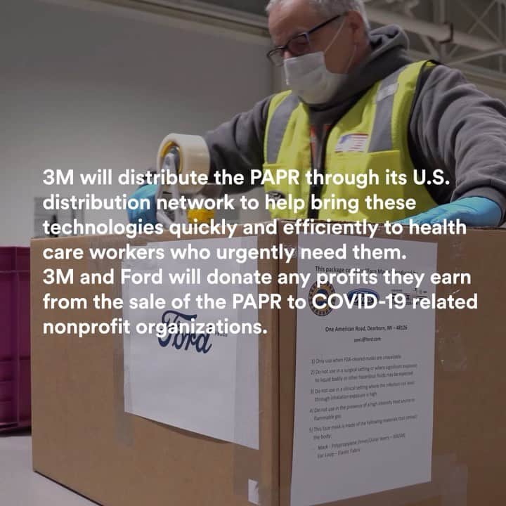 3M（スリーエム）のインスタグラム：「We are proud to partner with @ford to help meet the surge in demand for personal protective equipment for healthcare workers fighting on the front lines of #COVID19. PAPR respirators (powered air-purifying respirators) help protect healthcare workers when working with patients of COVID19 for long periods of time. Learn more about our efforts by clicking the link in bio. #coronavirus」