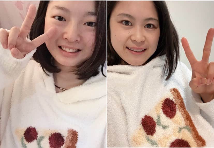 大庭雅のインスタグラム：「お揃い🍕👯‍♀️⛸❤️ ・ #おうち時間 #だいすき #宮原知子 #大庭雅  #gelatopique #年末に一緒に選んで買ったよ🍕」