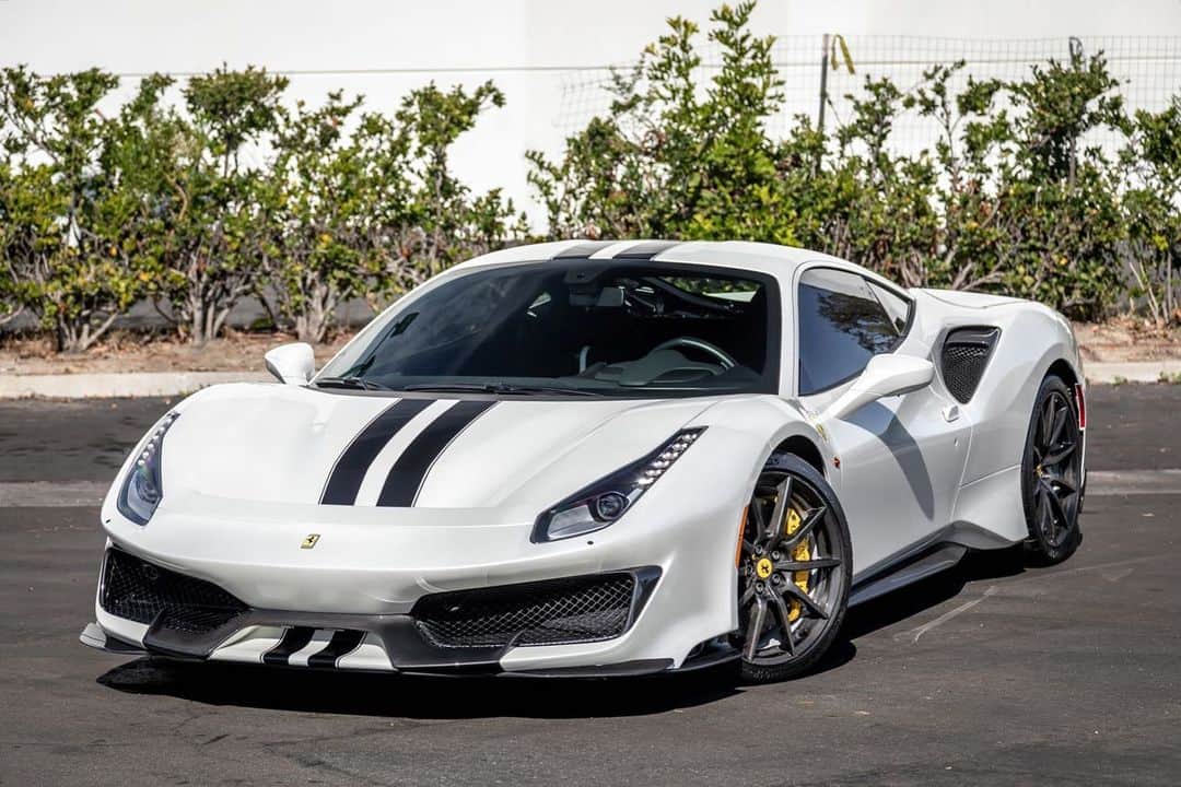 Dirk A. Productionsのインスタグラム：「Who would be the first person you’d pick up if this 2019 Ferrari 488 Pista was yours? • Only 1,186 Miles • Spec’d to the max • Contact below for Selling Price & Original MSRP 🏁 DM or Text (424) 256-6861 if interested」