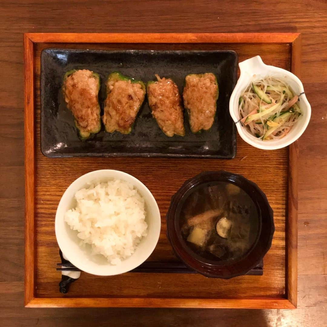 川島カヨのインスタグラム：「ピーマンの肉詰めと春雨サラダ。﻿ お味噌汁はナスね。茄子のお味噌汁が1番好きです。﻿ 並んでるのが可愛くて4つ置いてみたものの、3個で充分でした。﻿ ﻿ 残りは明日の昼にでも食べる。﻿ 最近、食べすぎないという事を覚えました。﻿ ﻿ ﻿ #きょうのごはん﻿ #適当ごはん﻿ #おうちごはん﻿ #おうちごはんlover﻿ #ゆるめし﻿ #japaneasefood﻿ #クッキングラム﻿ #ひとりごはん﻿ #ピーマン肉詰め﻿ #春雨サラダ﻿ #おうちで過ごそう﻿ #おうち時間﻿」