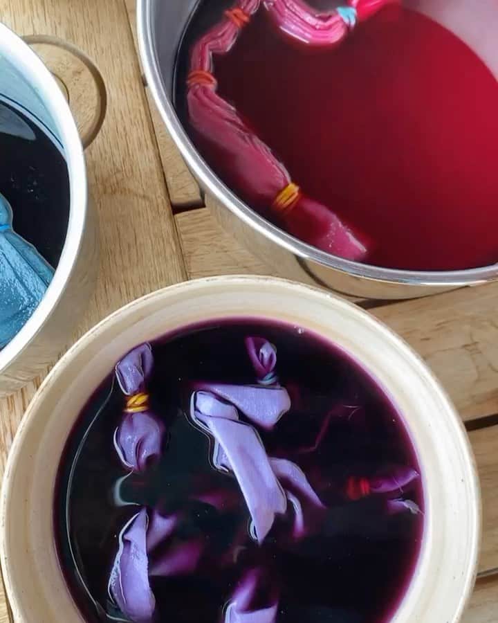 ポーリーヌ・オアロのインスタグラム：「Red cabbage rainbow 🌈  #naturaldye  Blue and green dyes ended up not being so different from each other. Love these pastel colors, those fabrics are going to be a good base for my confinement embroidery experiments !!! These 4 colors are all coming from red cabbage !!」