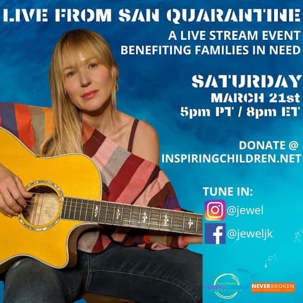 Tony Hsiehさんのインスタグラム写真 - (Tony HsiehInstagram)「Join Tony’s friend @jewel for her ‘Live From San Quarantine’ livestream concert benefiting families in need.  Her goal is to get 5,000 people to donate a $1 a day for a year to provide housing, food, family assistance, and physical, emotional, and mental health programming.  Saturday @ 5pm PT / 8pm ET on her Instagram/Facebook live.  Go to inspiringchildren.net to donate!  #LiveFromSanQuarantine #AtHomeTogether @inspiringchildren *Posted by Michelle from Tony’s social team」3月22日 5時23分 - downtowntony