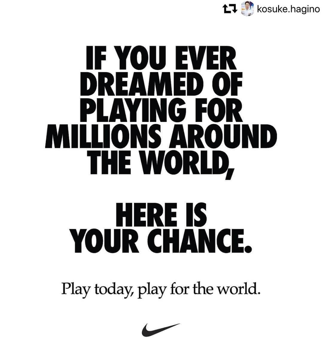 のインスタグラム：「#repost @kosuke.hagino ・・・ 全世界がワンチーム。 からだを動かそう。 #playfortheworld #ナイキ @niketokyo」