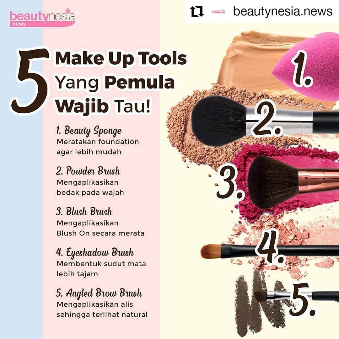 のインスタグラム：「#Reposted from @beautynesia.news "Mau deh pake make up, tapi beli brush nya mahal banget. Ah gajadi make up deh" yaiya mahal kalo kamu beli nya sekaligus buanyaaaakkkk 😭😭⁣⁣⁣⁣ ⁣⁣⁣⁣ Bagi kamu yang baru memulai make up gak perlu semua make up tools kamu beli kok beb, yang penting ada 5 make up tools ini 😉✨⁣⁣ jadi tetep bisa make up ya walau brush nya kurang lengkap.⁣ ⁣⁣⁣⁣ Coba komen, make up tools apa yang paling sering kamu pakai saat ini? ⁣⁣⁣⁣ ⁣⁣⁣⁣ #BeautynesiaNews #Glowing2020 #Makeuptools #MakeupPemula #MakeupRemaja #AlatMakeup #MakeupTips #TipsKecantikan #TipsCantik #InfoKecantikan #InfoMakeup #MacamMacamBrush⁣⁣⁣⁣」