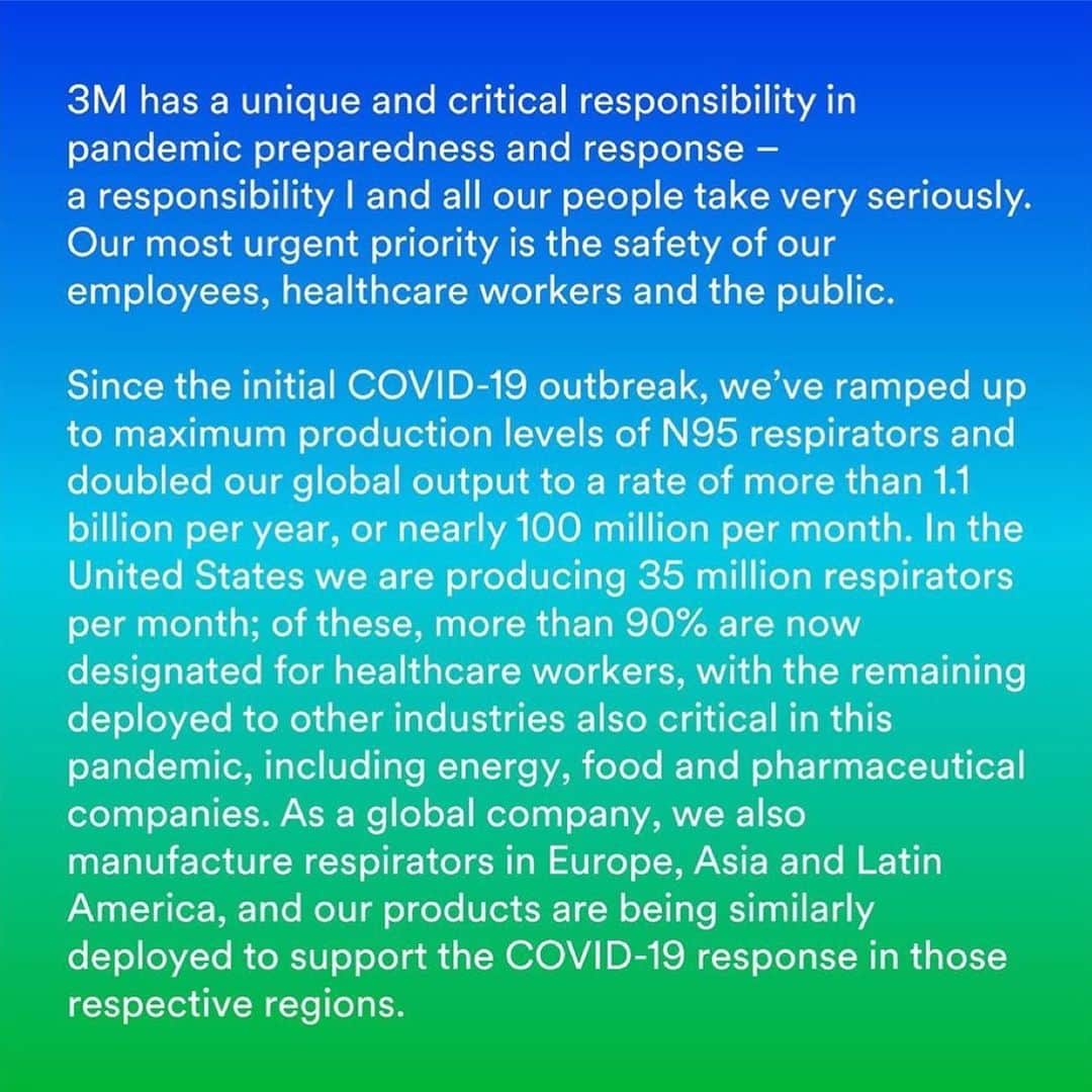 3M（スリーエム）のインスタグラム：「A message from our CEO @mike.f.roman: • 3M has a responsibility that I and all our people take very seriously during #COVID19. We are producing 35 million respirators a month in the U.S. and 500,000 should start arriving in two of the more critically impacted areas, New York and Seattle, tomorrow. We are currently operating at maximum production to get respirators and other equipment from our plants to the doctors, nurses and first responders who desperately need them as quickly as possible. #coronavirus • Click link in bio to read more.」