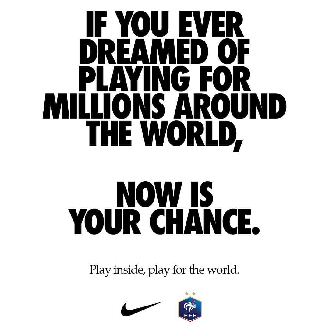 サッカー フランス代表チームさんのインスタグラム写真 - (サッカー フランス代表チームInstagram)「🏠🙏 Si vous avez toujours rêvé de jouer pour des millions de personnes, c'est le moment. Play inside, play for the world. #playinside #playfortheworld #justdoit #FiersdetreBleus @nikefootball @fff」3月22日 21時46分 - equipedefrance