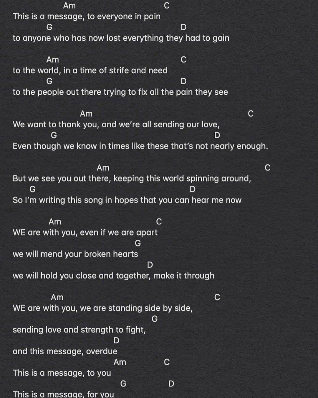 ミカエラ・シフリンのインスタグラム：「Hey... quite a few people have asked for the chords/lyrics to the song I wrote... so here they are for anyone out there wants to learn. It’s quite basic so really anyone can play it even if you are just starting out☺️... if you DO play it-make it your own, spice it up, change the rhythm, whatever you want🖤 And if you post it, tag me and #AMsg4You because I’d love to see what you create❤️❤️❤️」