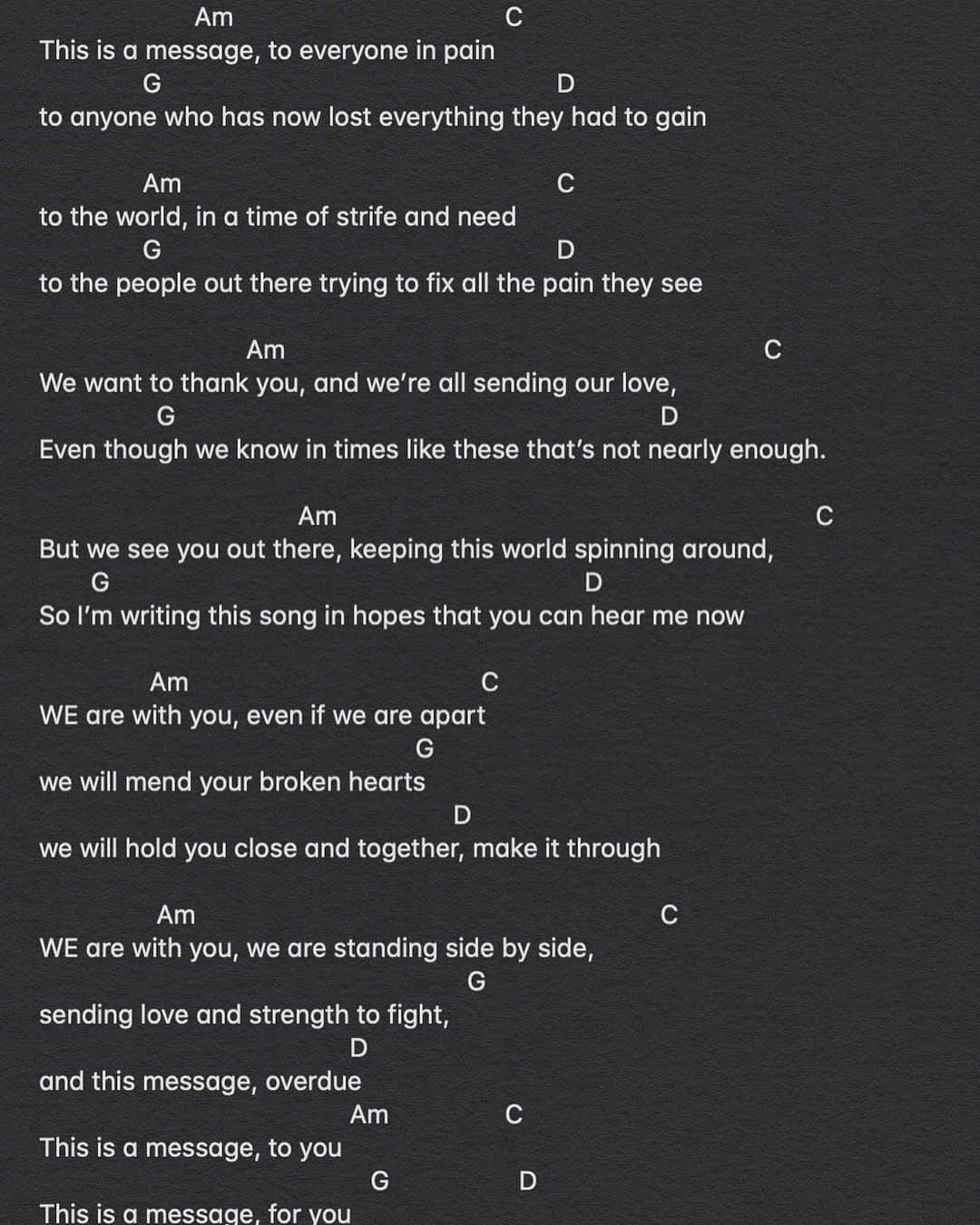 ミカエラ・シフリンさんのインスタグラム写真 - (ミカエラ・シフリンInstagram)「Hey... quite a few people have asked for the chords/lyrics to the song I wrote... so here they are for anyone out there wants to learn. It’s quite basic so really anyone can play it even if you are just starting out☺️... if you DO play it-make it your own, spice it up, change the rhythm, whatever you want🖤 And if you post it, tag me and #AMsg4You because I’d love to see what you create❤️❤️❤️」3月22日 23時49分 - mikaelashiffrin