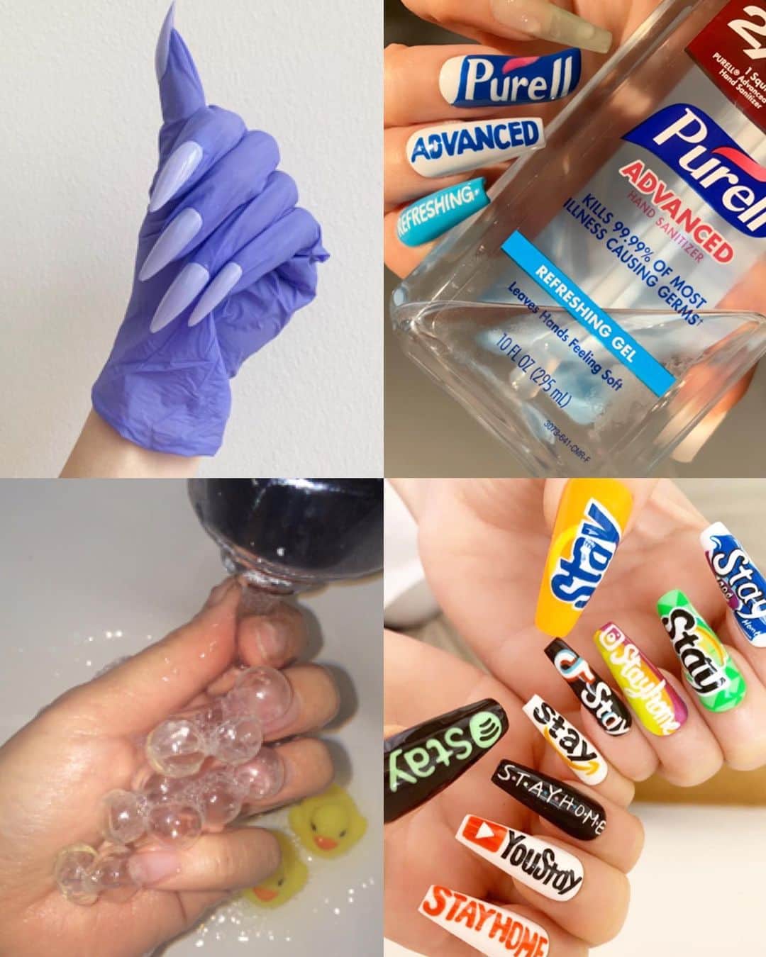 Mei Kawajiriさんのインスタグラム写真 - (Mei KawajiriInstagram)「Which one ur fav ?? 1)glove skin tone nails! 2)purelle hand sanitizer nails 3)3D bubble nails  4)STAYHOME nails 💕💅🏻💕 #Nailsbymei」3月23日 1時54分 - nailsbymei