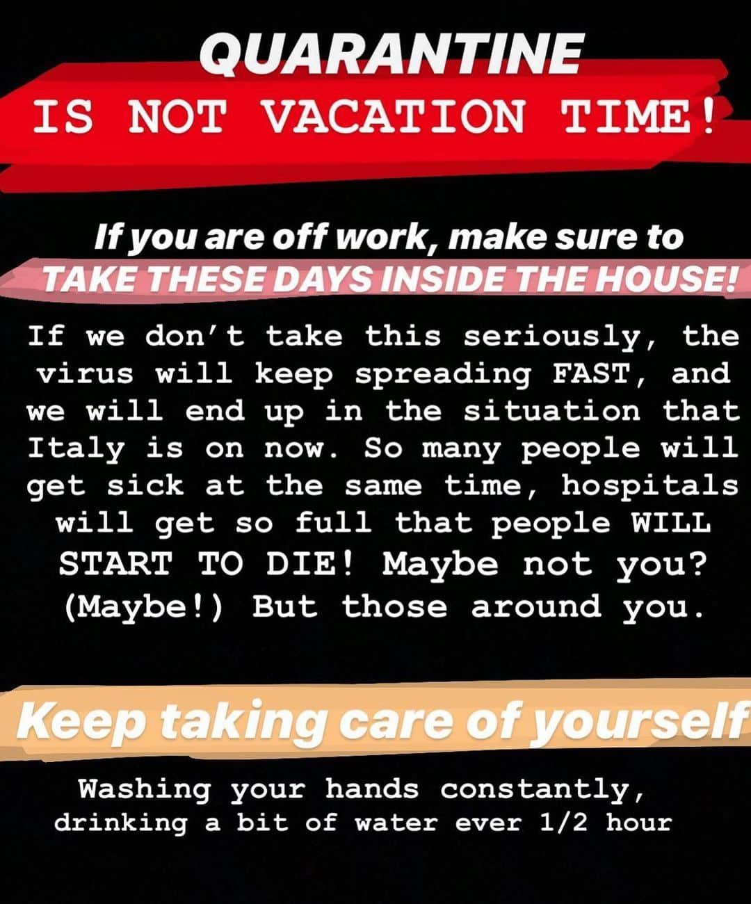 Camila Coelhoさんのインスタグラム写真 - (Camila CoelhoInstagram)「What’s something you LOVE and miss doing?! 💓 We all know it is a time of frustration, a time that will require a lot of patience, hope and positivity - when you start feeling anxious, bored or unhappy, remember that we are ALL IN THIS TOGETHER! Keep bringing awareness and telling people around you to STAY HOME - the more the virus spreads in the next days the worst and LONGER this situation will be, and the more humans WILL DIE! (I know I’m being repetitive, but I feel the need to keep saying it - I see beaches filled with people, around the world, shopping malls doing sales and bringing crowds of people together, and more- COME ON). 😞 ————— Algo que você ama e está com saudades de fazer?💓 A gente sabe que estamos em dias de frustração, que requer muita paciência, esperança e positividade - quando você começar a sentir ansioso, inquieto ou infeliz, lembre-se que estamos todos no mesmo barco, e que o melhor a fazer é continuar divulgando o quanto isso é sério! Não deixe seus amigos saírem de casa! Fale!!! Divulgue! Dependendo do quanto o vírus se espalhar nos próximos dias, vamos SIMMMM TER UM COLAPSO, e muita, muita gente vai começar a morrer, por falta de espaço e aparelhos em hospitais! (Eu sei que já estou repetitiva, mas continuar vendo praias lotadas, shoppings fazendo ofertas ao invés de fechar???? COMO ASSIM? )」3月23日 4時13分 - camilacoelho