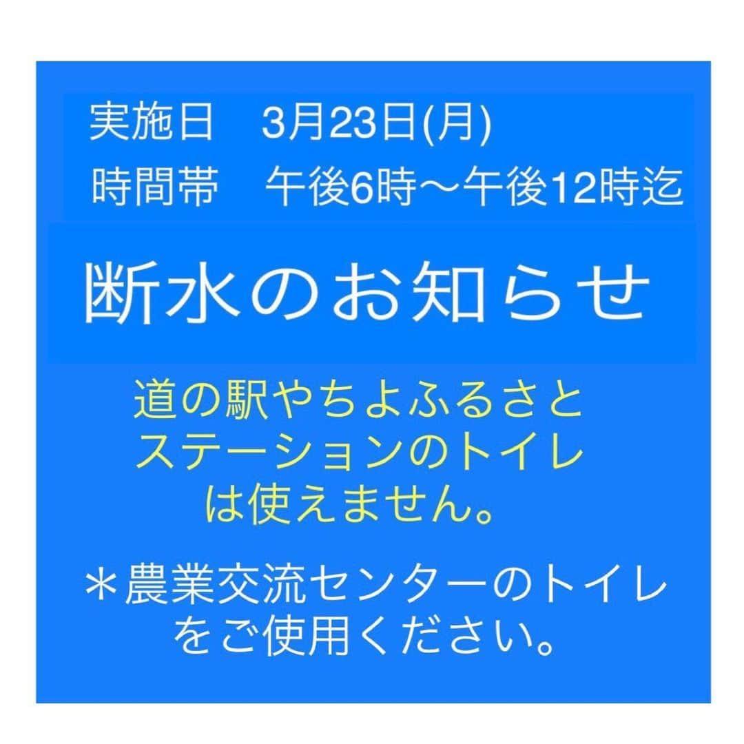 道の駅やちよさんのインスタグラム写真 - (道の駅やちよInstagram)「道の駅やちよ　八千代ふるさとステーションからのお知らせ 「トイレ使用中止」 本日の午後6時から午前0時まで、断水のためトイレが使用出来ません。 対岸の農業交流センターのトイレをご利用下さい。 　ご不便をおかけしますがご協力をお願いします。  #やちよ農業交流センター #収穫体験 #道の駅 #道の駅八千代 #道の駅やちよ #八千代市 #農業交流センター #ふるさとステーション #農業 #直売所 #野菜 #アイス #花 #レストラン #千葉 #八千代 #佐倉 #印西 #船橋 #習志野 #新川 #ロードバイク #サイクリングロード #料理教室 #農家 #道の駅好きな人と繋がりたい」3月23日 13時17分 - michinoeki_yachiyo090720