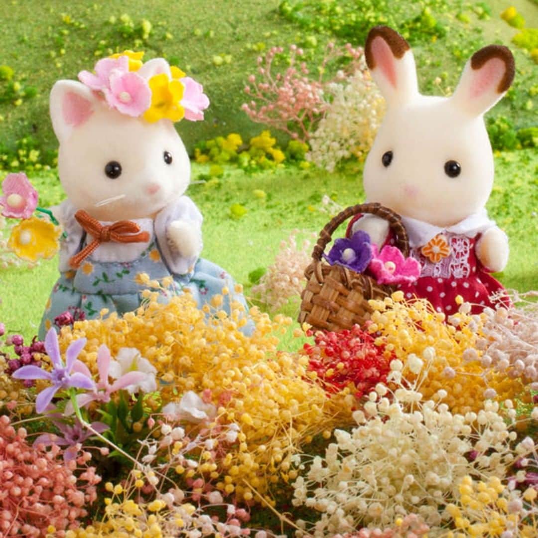 シルバニアファミリー【公式】 さんのインスタグラム写真 - (シルバニアファミリー【公式】 Instagram)「お花摘みにやってきたショコラウサギのフレアちゃんと、シルクネコのティファニーちゃん。 * 「みてみて！お花のかんむりよ！」 「わあ、ティファニーちゃん、かわいい！わたしにも作ってほしいな」 「うん！ちょっと待っててね」 おしゃれで器用なティファニーちゃんが作ってくれる花飾りは、とっても素敵なんです！ * #シルバニアファミリー #シルバニア #sylvanianfamilies #calicocritters #sylvanian #ドールハウス #dollhouse #ミニチュア #miniature #春 #花畑 #お花畑 #花冠 #花かんむり」3月23日 16時30分 - sylvanianfamilies_jp