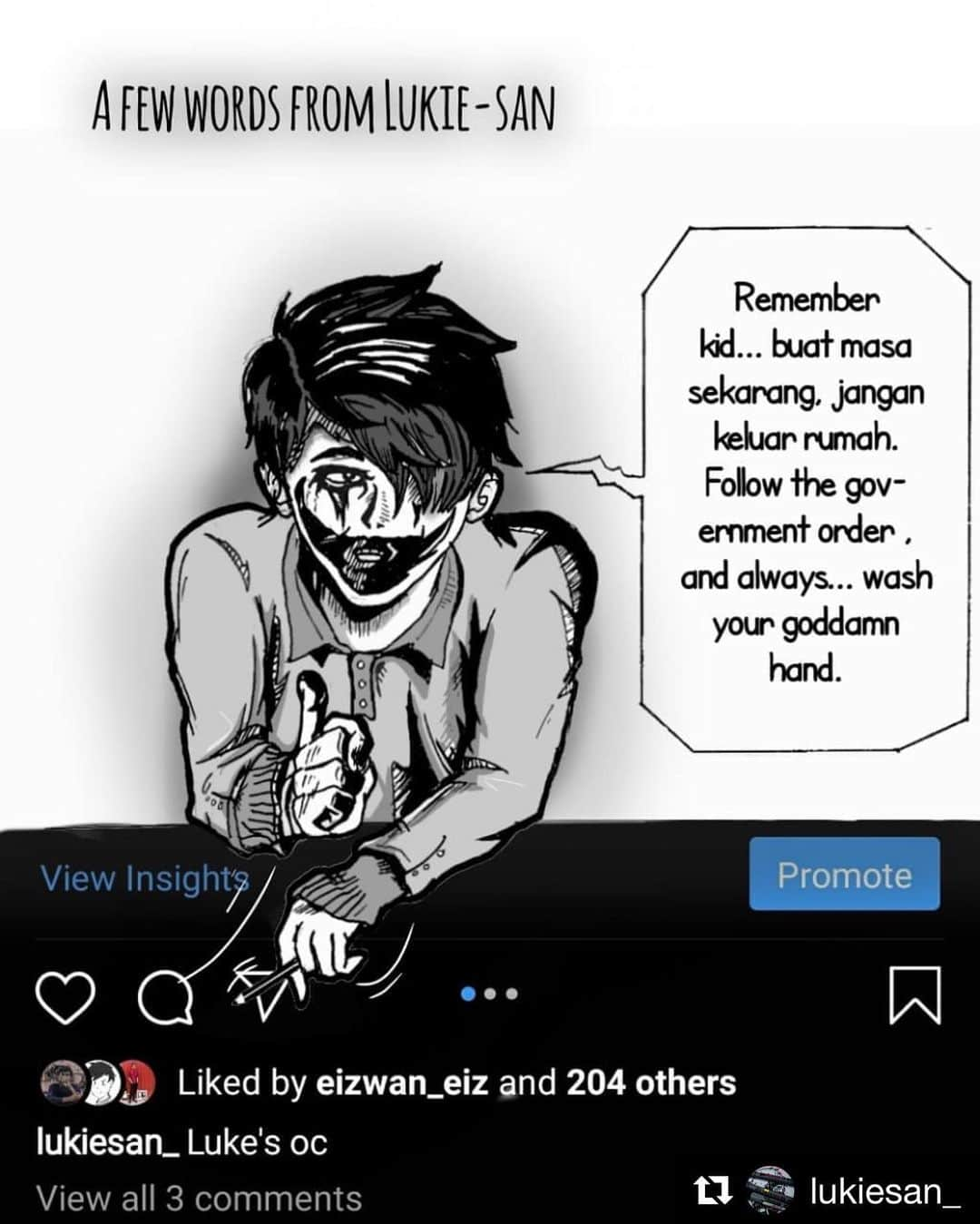 Koleksi Komik Malaysiaさんのインスタグラム写真 - (Koleksi Komik MalaysiaInstagram)「#Repost @lukiesan_ with @get_repost ・・・ Stay safe, jaga diri, jaga kesihatan, jaga hati. Jangan lupakan aku. Aku tetap setia di sini. Tibe. • #oc #finally #coronavirus #perintahkawalanpergerakan #lukisan」3月23日 19時33分 - tokkmungg_exclusive