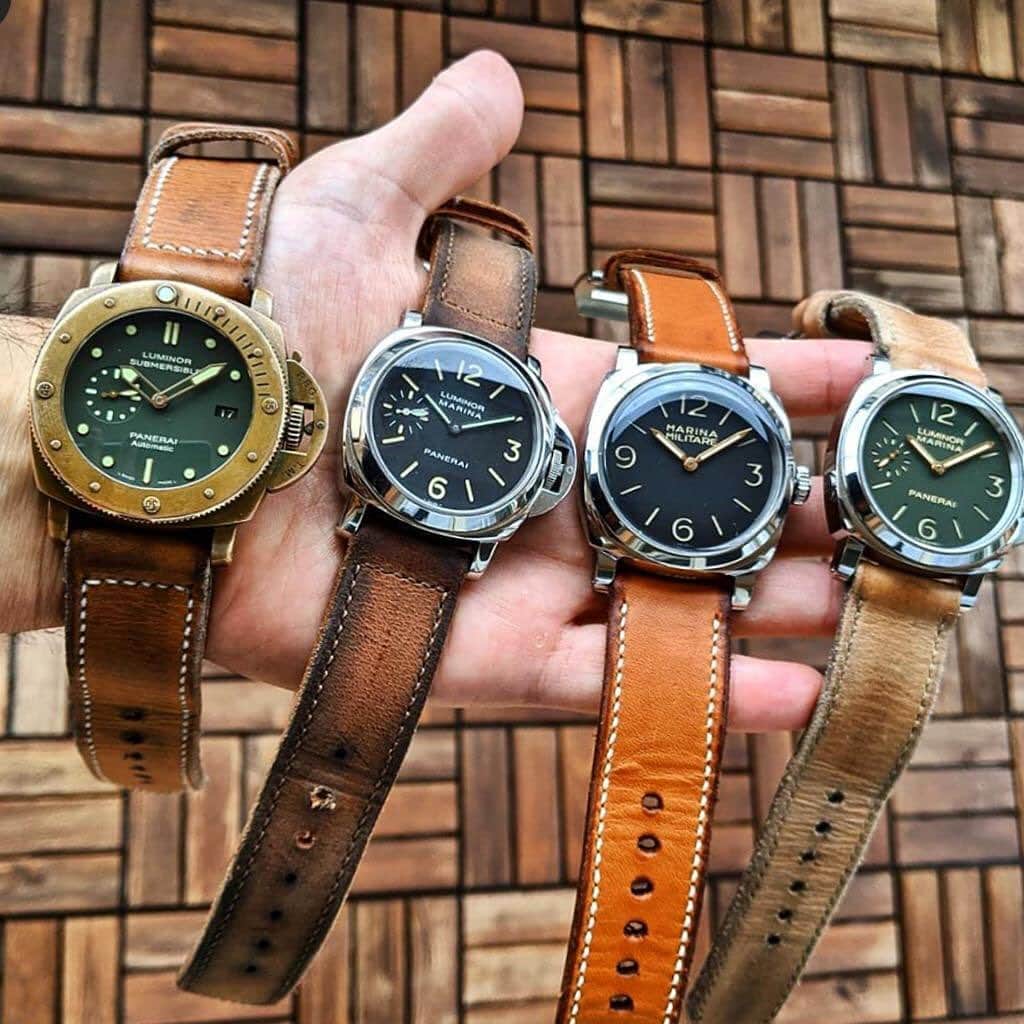 パネライのインスタグラム：「So which #Panerai and @mrtiptopleather strap combo is your favorite from my good friend @azcii ?  1,2,3,or 4? #paneraicentral」