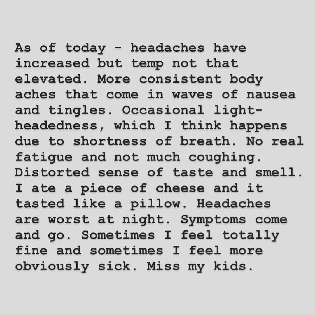 Ilana Wilesさんのインスタグラム写真 - (Ilana WilesInstagram)「Yesterday, after two days of wrestling with whether my symptoms were due to anxiety or allergies or Coronavirus, I called an urgent care facility. They said to come in. After a full exam (which included ruling out flu, strep and pneumonia), the doctor said he is 95% sure I have COVID-19. The only way to say 100% is if I get tested, but since there are so few tests available and I am not in a high risk group, he did not recommend getting one. He instructed me to go home, quarantine myself in a separate room from my family for the next ten days and ride it out. He gave me a note that says I am presenting with COVID-19 symptoms so that I can go directly to the hospital should I have difficulty breathing, but also assured me that I am a healthy person and should be fine. So far, my symptoms are manageable. You can swipe left for a day by day account. I think the worst part is being scared about how it will progress. I feel better now that I am separated from my kids and they know what’s going on, because during the “am I a hypochondriac?” phase, I was having trouble trying to keep a distance while also trying not to alarm them. Mike is so far feeling fine and taking great care of me. I joked that we could play Love is Blind in reverse and talk through the door. I think he is having fun leaving food by the door like I’m in prison. I’ve stopped watching the news because everything sounds too dire. What makes me feel better is reading real accounts from people I know. When I say “people I know” I mean Tom Hanks, Idris Elba, Debi Mazar and @ariellecharnas. Arielle is about 8 days ahead of me and seeing her start to feel better and post videos of her girls again gave me life when I was in a very dark place. That’s one reason I decided to post here. I was also encouraged by my dad, who wants people to understand how necessary it is to stay home, even if you aren’t feeling sick. I believe I contracted the virus on March 11th from a friend who got sick 2 days later. It was back when they were saying no gatherings of over 500. This was a gathering of two. I felt totally fine for 8 days after. One more thing. I hate sympathy. Encouraging words preferred!」3月24日 0時05分 - mommyshorts