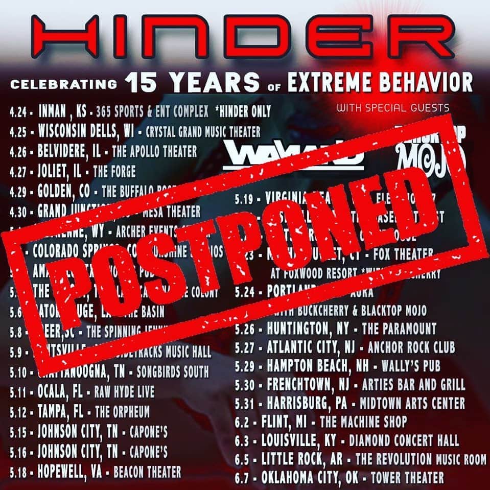 ヒンダーのインスタグラム：「Our summer tour with our best friends @waylandtheband & @blacktopmojo has been POSTPONED** (NOT CANCELED). All tix will be honored. We did this to keep y’all and our road crew / venue staff safe...crack open a bottle of Jack and enjoy some ”relaxation” while the world sorts itself out, we will see you later this summer or fall! 🤘🏽」
