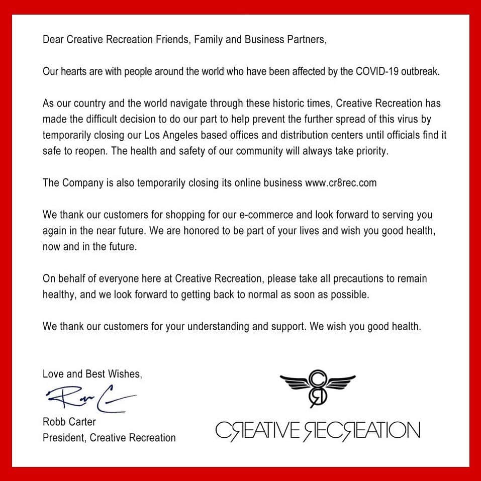 クリエイティブリクリエーションのインスタグラム：「To our valued Creative Recreation Friends and Family , please stay safe during this time. #stayhome #creativerecreation」