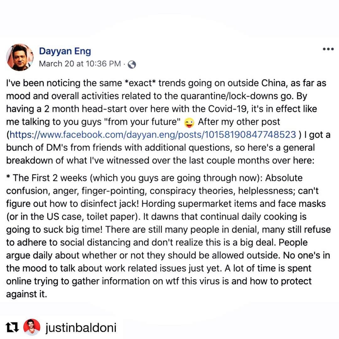 のインスタグラム：「Lots of important information going around.  I think this here is important for everyone’s mental health.  There are 3 additional pages with thoughts and info for subsequent weeks of quarantine.  Take the time to read it and even pass it along.  We very likely have a long road ahead and having an idea of what to expect can help you prepare.  Thanks brother  @justinbaldoni and @dayyaneng for putting this out here. ・・・」
