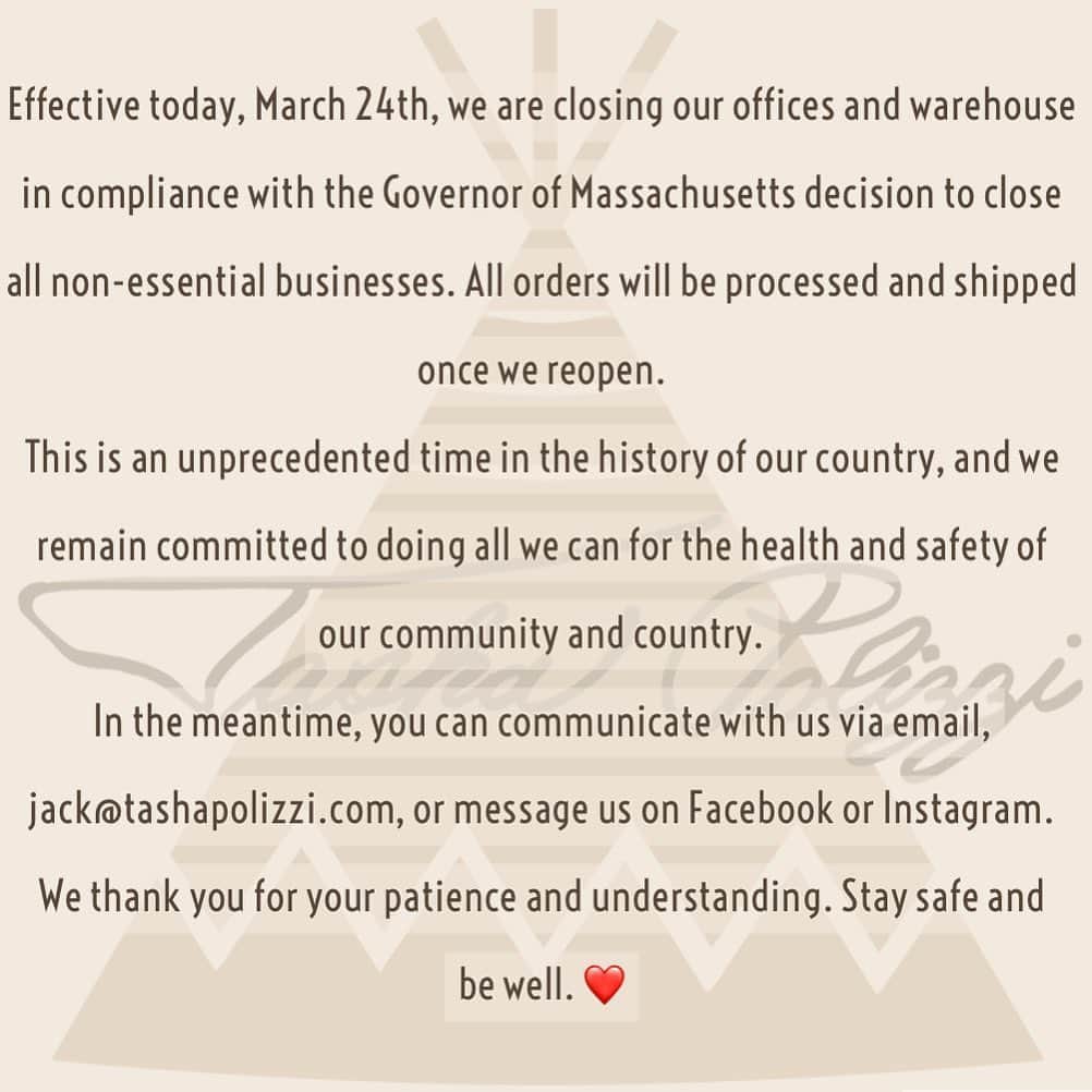 ターシャポリッツィのインスタグラム：「We hope to reopen April 7th. Stay safe and healthy. We will get through this together. Sending love to everyone. ❤️」