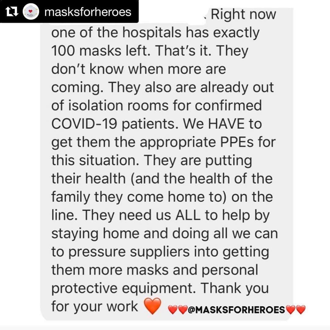 ジェリー・ライアンのインスタグラム：「#Repost @masksforheroes with @get_repost ・・・ Messages like this are pouring in. What can we all do to help? 1) Check your own supplies and donate what you don’t need 2) Call on those around you to check their supplies and donate (your nail salon, your church, the local construction company)  3) Raise awareness of this issue: tag your friends, politicians, celebrities  4) Share our posts so word gets out」