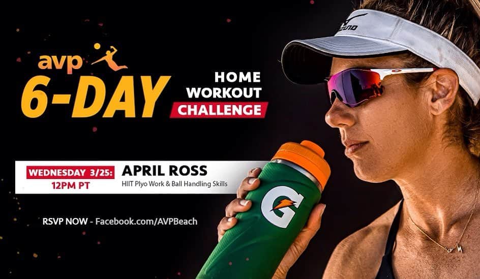 エイプリル・ロスのインスタグラム：「Hey guys! Want to get a plyo workout in with me tomorrow? I’ll be leading one on the AVP’s FACEBOOK page- LIVE at noon pacific time!! I’m going to end with some ball handling skills as well 👊🏼 It’ll be about 30 minutes and all you need are 4 water bottles (or anything that can act as cones), a volleyball, and a wall. Hope you join! 🤗」