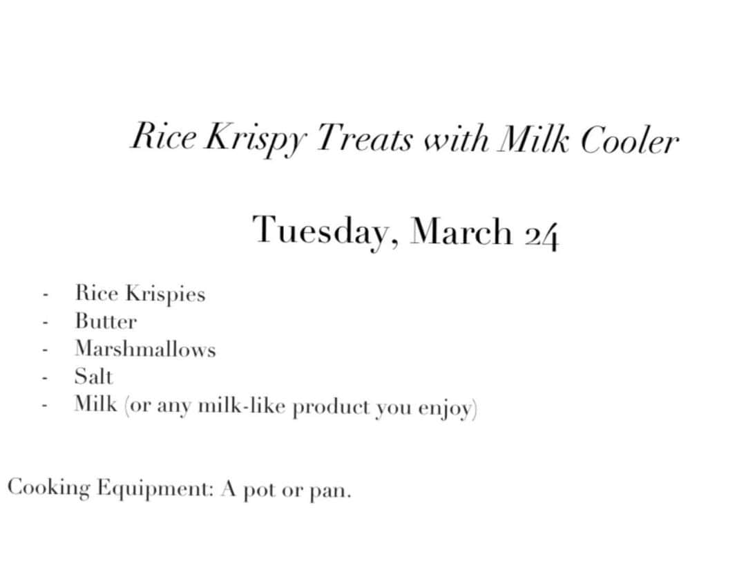 イリザ・シュレシンガーさんのインスタグラム写真 - (イリザ・シュレシンガーInstagram)「Today is Rice Krispies with a Milk Cooler day on #dontpanicpantry - here is our menu for the next few days! All recipes and ingredient lists are on @galuten SEE YOU AT 5pm PDT ON INSTA LIVE! 👨🏻‍🍳 👩‍🍳🍌🥬🥭🥯🍆🥨🥚🍓🌽🥝🥨🍊🥬🧆🥧🍜🍦🍙🧁🥫🍶🌰🧃🥮🍻🌰🍡🍿」3月25日 7時10分 - ilizas