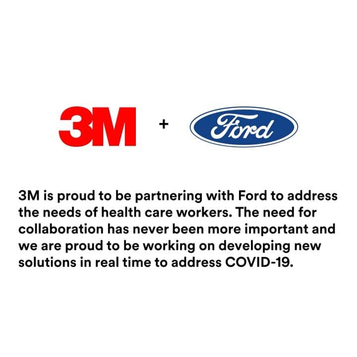 3M（スリーエム）のインスタグラム：「We thank @Ford for their partnership to help meet the surge in demand for personal protective equipment for health care workers fighting on the front lines of #COVID19. Click the link in bio learn more about our efforts. #coronavirus」