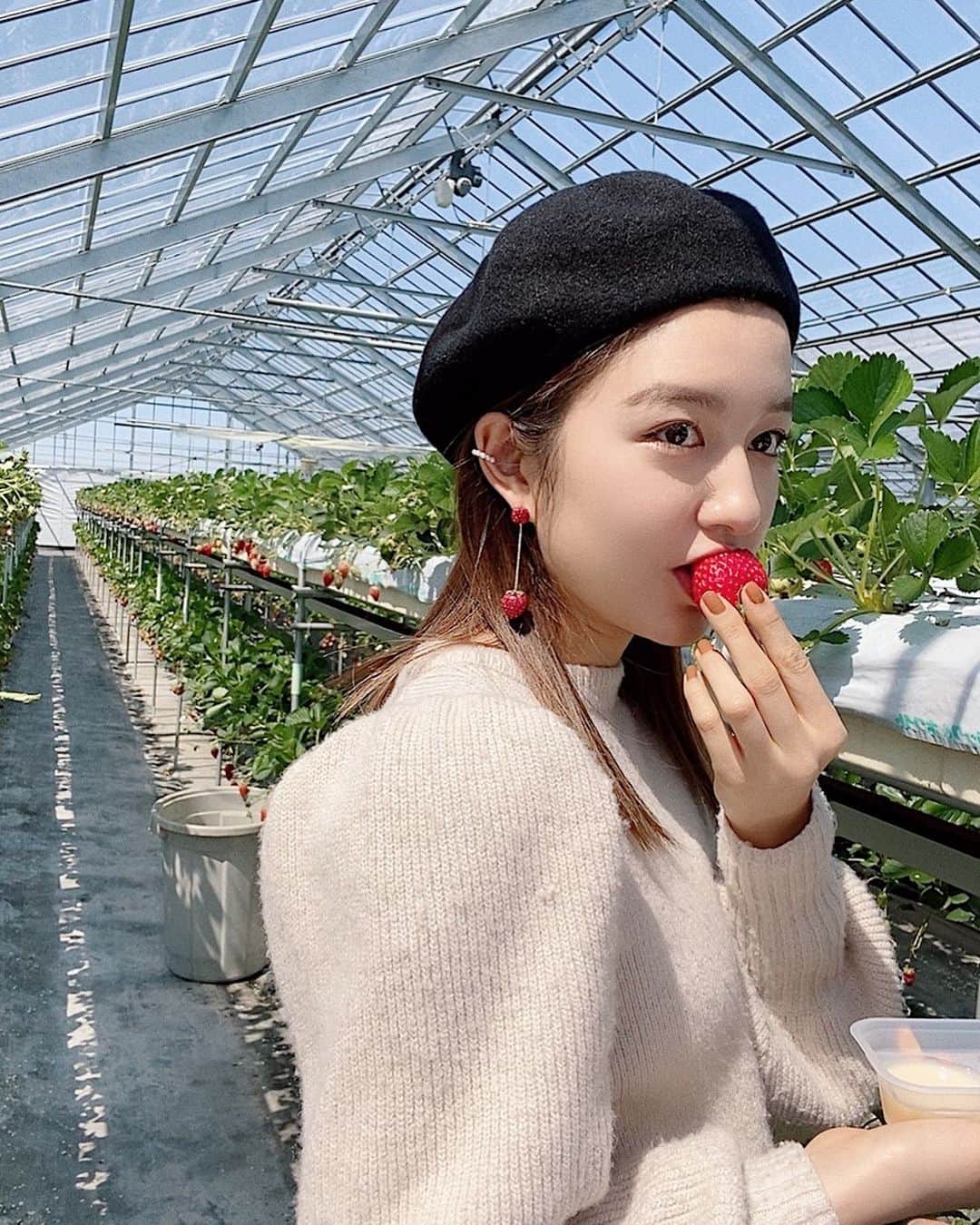 市野莉子さんのインスタグラム写真 市野莉子instagram 2回目のいちご狩り 笑 お腹いっぱい食べたっ ピアスもいちごにした りかりこ 双子 いちご狩り 苺 ピアス ベレー帽 ファッション 春 Followｍe Strawberry Me Today 3月25日 19時06分 Riko Ichino