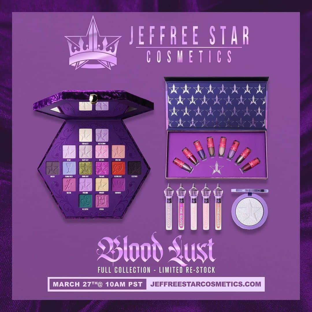 Jeffree Star Cosmeticsさんのインスタグラム写真 - (Jeffree Star CosmeticsInstagram)「We’ve been getting so many emails and comments about when the next #BloodLust re-stock is... 💟 this Friday we are going to have a major RESTOCK of the entire collection AND also finally a big restock of a bunch of #velourliquidlipstick shades! ⭐️ As always, everything will be up at 10AM PST / 1PM EST time 🔥 #jeffreestarcosmetics #bloodlustpalette」3月26日 5時59分 - jeffreestarcosmetics