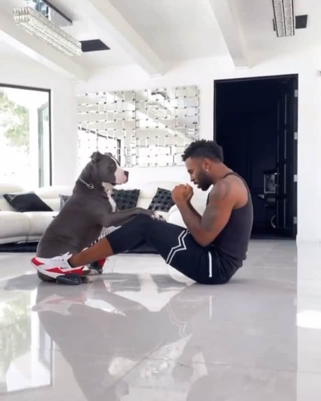のインスタグラム：「【Jason Derulo】 ジェイソン・デルーロが家でも出来るワークアウトを紹介‼️ ✨ 今回は腹筋を使ったエクササイズ💪 ✨ そして、彼のワンちゃんもワークアウト・パートナーとして参加⁉️🐶🤣 ✨ 🐶がお手伝いをしていて、かわいい映像に❣️ #jasonderulo #exercise #workout #ジェイソンデルーロ #ワークアウト #エクササイズ #洋楽」