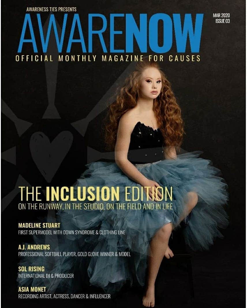 マデリン・スチュアートのインスタグラム：「Thank you to @awarenessties for having me on the cover of AwareNow. Link in story. http://www.awarenessties.us/magazine/the-inclusion-edition」