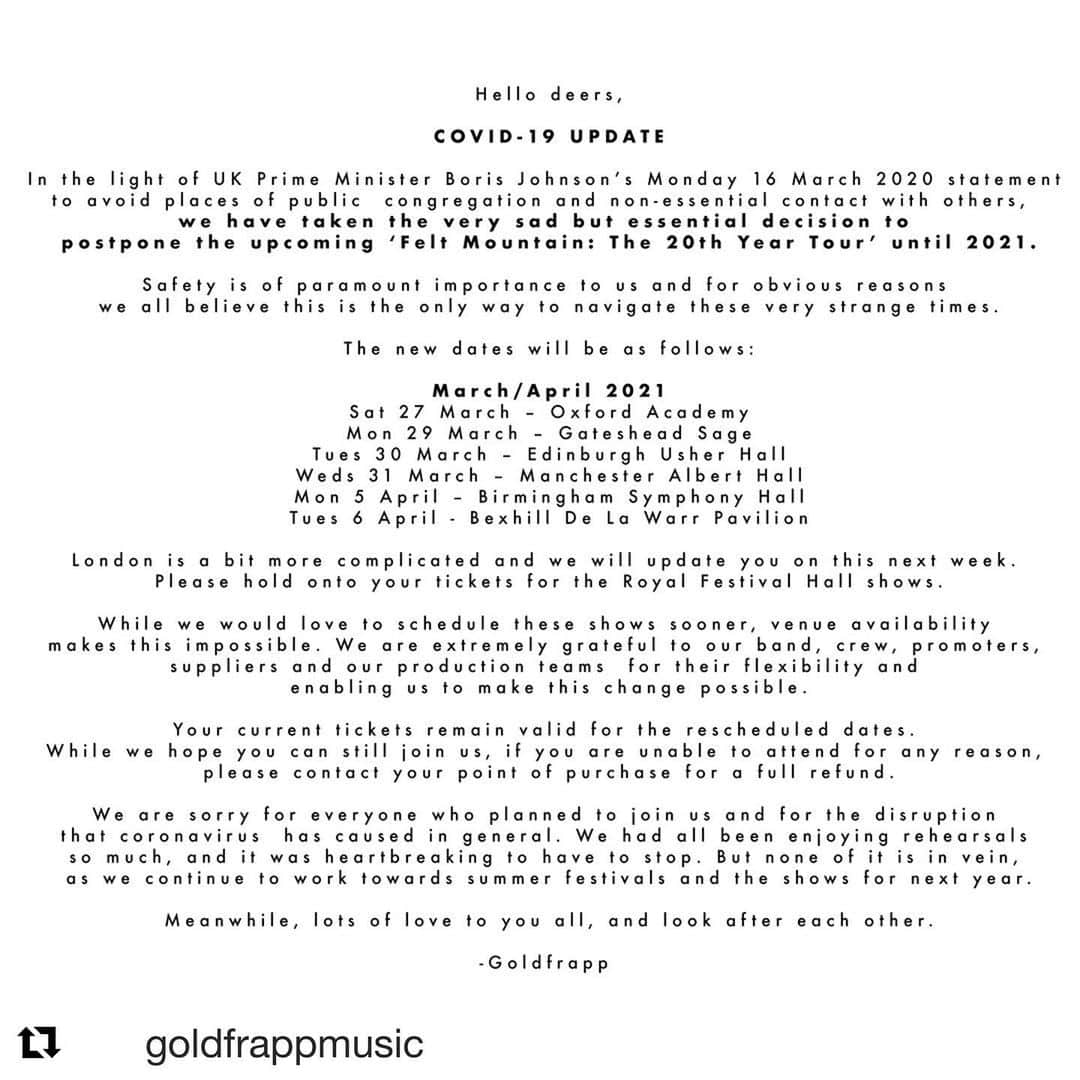 ファイン・フレンジーのインスタグラム：「hello dear ones ✨greetings from isolation! I’m sorry to only just be posting this now, I’ve been a bit unwell, but am feeling so much better now. will do another post about that shortly! In the meantime, just wanted to say how sorry I am that we are not able to see those of you that were coming to the @goldfrappmusic tour this week- but of course, keeping everyone safe and healthy is the most important thing. Next year is going to be something extra special, because hopefully by that point, the world will have found a new, healthier way of operating, and there will be an extra kind of sweetness to gathering that I hope we will never take for granted again. Sending love to you all, and hope you and yours are faring as well as you can in these challenging times x x」
