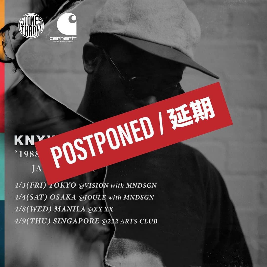 カーハートさんのインスタグラム写真 - (カーハートInstagram)「<Knxwledge & Mndsgn 来日出演中止／延期のお知らせ>﻿ ﻿ ﻿ 4/3-4/4に予定しておりましたKnxwledge & Mndsgnのジャパンツアーは、大変残念ながら新型コロナウイルス感染症(COVID-19) の影響による渡航中止勧告により、来日出演が中止／延期となりました。公演を楽しみにお待ち頂いたお客様に心より深くお詫び申し上げます。アーティストと共に延期の日程を後日調整予定ですが、現時点で未定の為ご購入頂いた東京公演のチケットの払い戻しなどの詳細は近日会場側と共にお知らせさせて頂きます。﻿ ﻿ ﻿ ﻿ <Knxwledge & Mndsgn Japan Tour Cancellation Notice>﻿ ﻿ ﻿ Due to the effect of the coronavirus (COVID-19) and the travel restrictions, Knxwledge & Mndsgn Japan tour scheduled Apr 3-4 has been cancelled. We will discuss to reschedule new dates as soon as we can. For Tokyo show’s advance ticket refund, the venue: Vision and Stones Throw will inform the instructions shortly.  We sincerely apologize for the inconvenience caused.﻿ ﻿ ﻿  2020/3/25﻿ Stones Throw」3月26日 11時08分 - carharttwip_jp